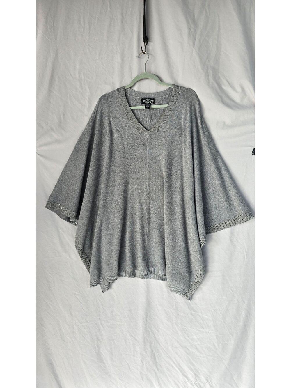 Olivero By Escio Sweater Cape Womens 2X Gray Rhinestone V Neck Poncho Knit